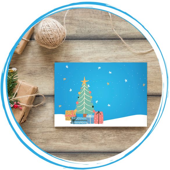Karácsonyi képeslap (karácsonyfa + ajándékok) - vásárlásod segít!