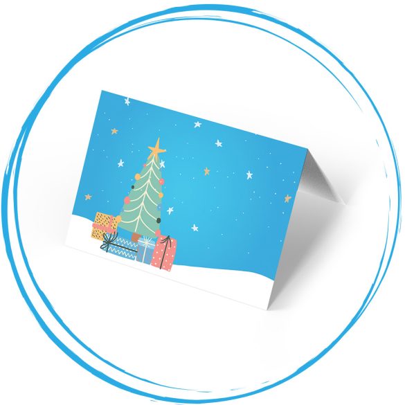 Karácsonyi képeslap (karácsonyfa + ajándékok) - vásárlásod segít!